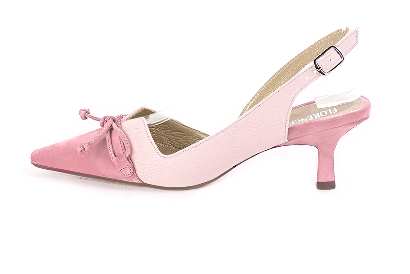 Carnation pink women's open back shoes, with a knot. Tapered toe. Medium spool heels. Profile view - Florence KOOIJMAN